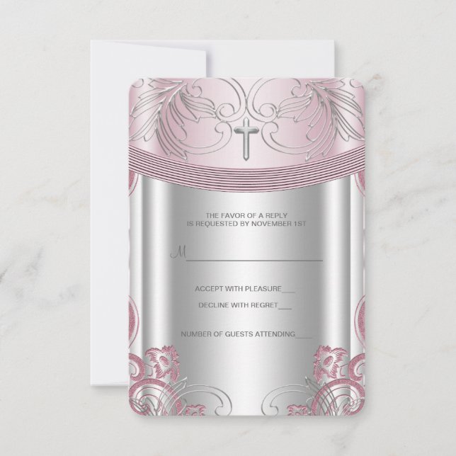 Silver and Pink Baby Girl Christening RSVP (Front)