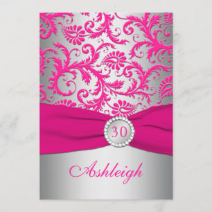 Silver and Pink Damask 30th Birthday Invitation
