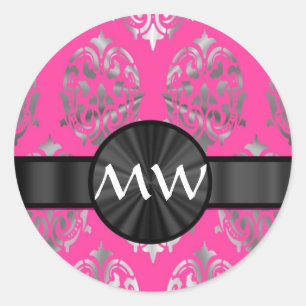 Silver and pink damask pattern classic round sticker