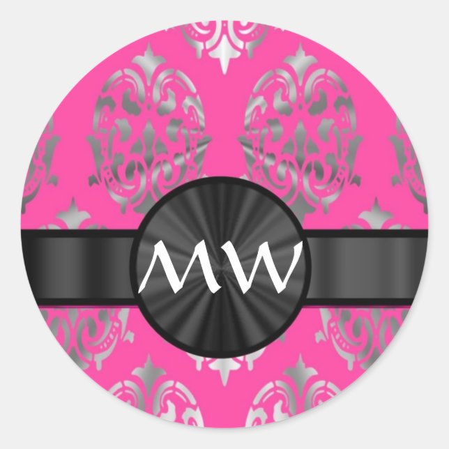 Silver and pink damask pattern classic round sticker (Front)