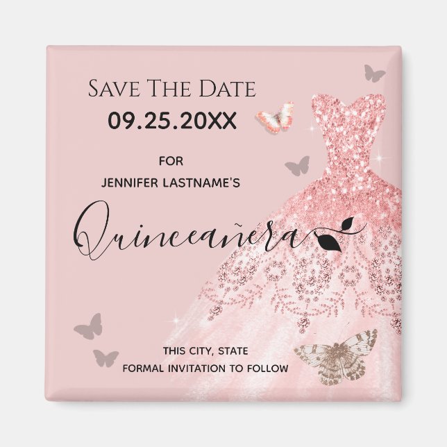 Silver and Pink Dress Quinceanera Save the Date Magnet (Front)