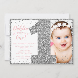 Silver and Pink Faux Glitter First Birthday Invitation