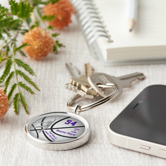 Silver and Purple Basketball Keychains, Premium Key Ring (Side)