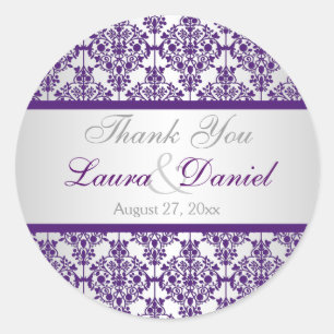 Silver and Purple Damask 1.5" Thank You Sticker