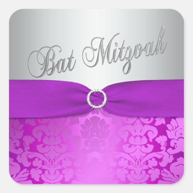 Silver and Purple Damask Bat Mitzvah Sticker (Front)