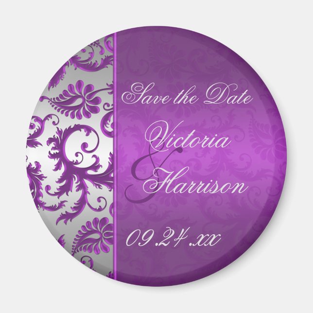 Silver and Purple Damask II Save the Date Magnet (Front)