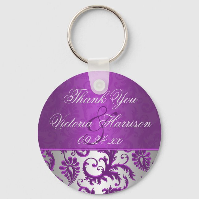 Silver and Purple Damask II Wedding Favour Keychai Key Ring (Front)