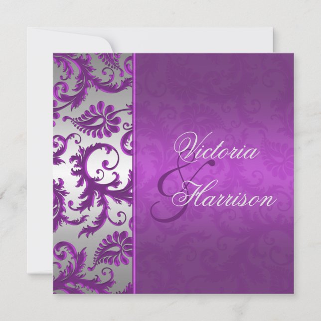 Silver and Purple Damask II Wedding Invitation (Front)