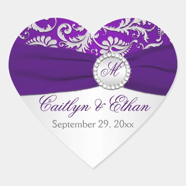 Silver and Purple Damask Monogram Wedding Sticker (Front)