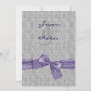 Silver and Purple Damask Printed Bow Wedding V10 Invitation