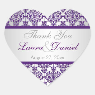 Silver and Purple Damask Wedding Favour Sticker