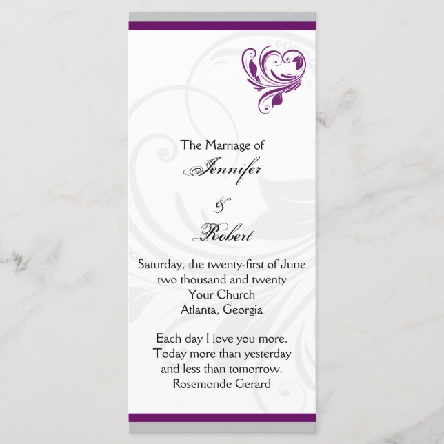 Silver and Purple Floral Heart Wedding Program (Front)
