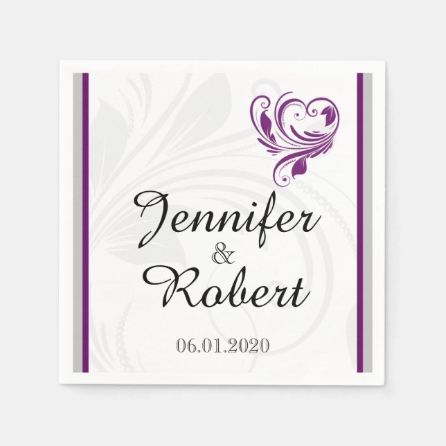 Silver and Purple Floral Scroll Wedding Napkin (Front)