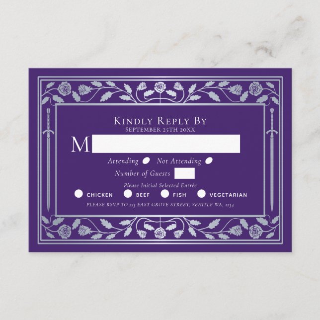 Silver and Purple Mediaeval Sword Wedding RSVP  Enclosure Card (Front)