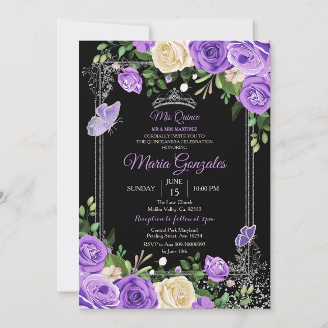 Silver and Purple Mis Quince Birthday Butterfly Invitation (Front)