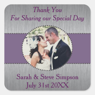 Silver and Purple Photo Wedding Thank You Stickers