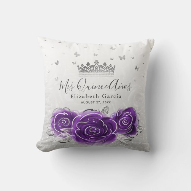 Silver and Purple Rose Quinceanera Mis Quince Anos Cushion (Front)