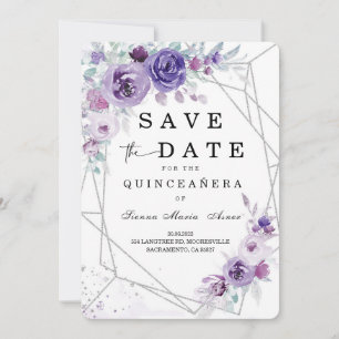 Silver and Purple Save the Date Quinceañera Invitation