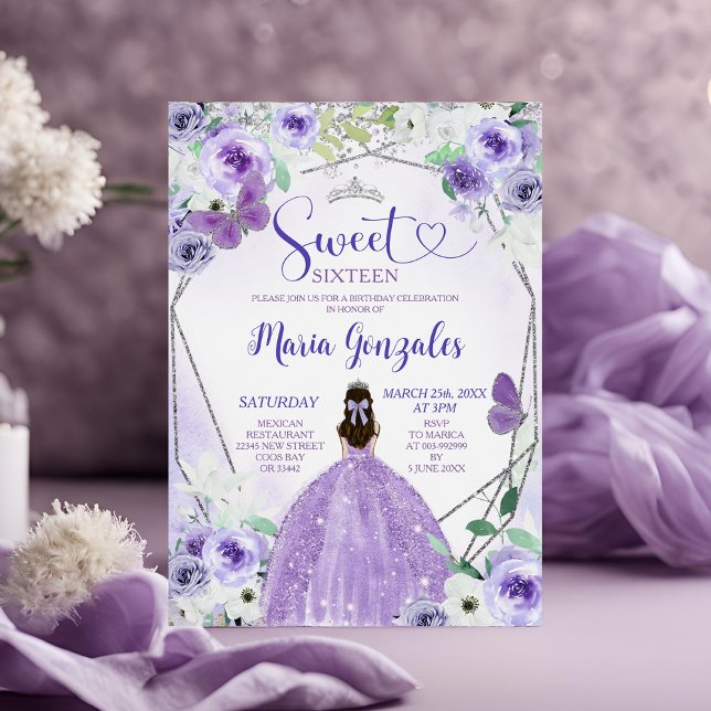 Silver and Purple Sweet Sixteen Birthday Party Invitation (Creator Uploaded)