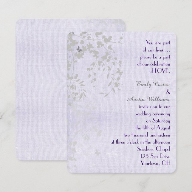 Silver and Purple Wedding Butterflies Invitation (Front/Back)