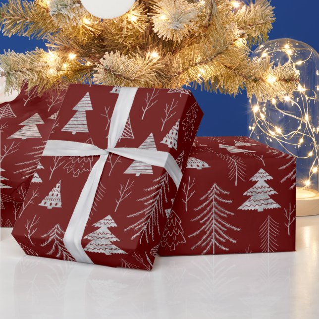 Silver and Red Christmas Tree Forest Pattern Wrapping Paper (Holidays)