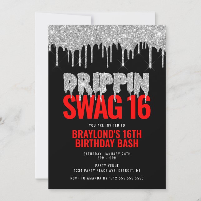 Silver and Red Drippin Swag 16 Birthday  Invitation (Front)