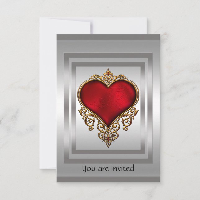 Silver and Red Heart Invitation (Front)