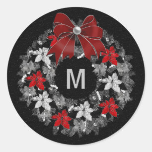 Silver and Red Holiday Wreath with Monogram Classic Round Sticker