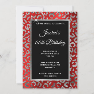 Silver and Red Leopard Foil Birthday Invitation