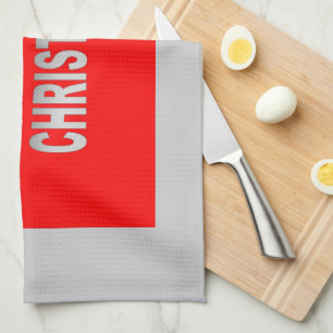 Silver And Red Merry Christmas Tea Towel