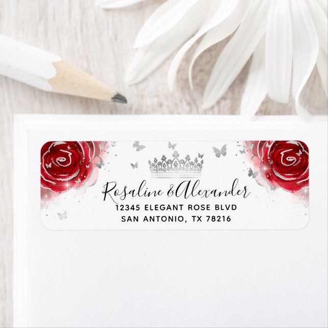Silver and Red Rose Elegant Crown Return Address Label (Insitu)