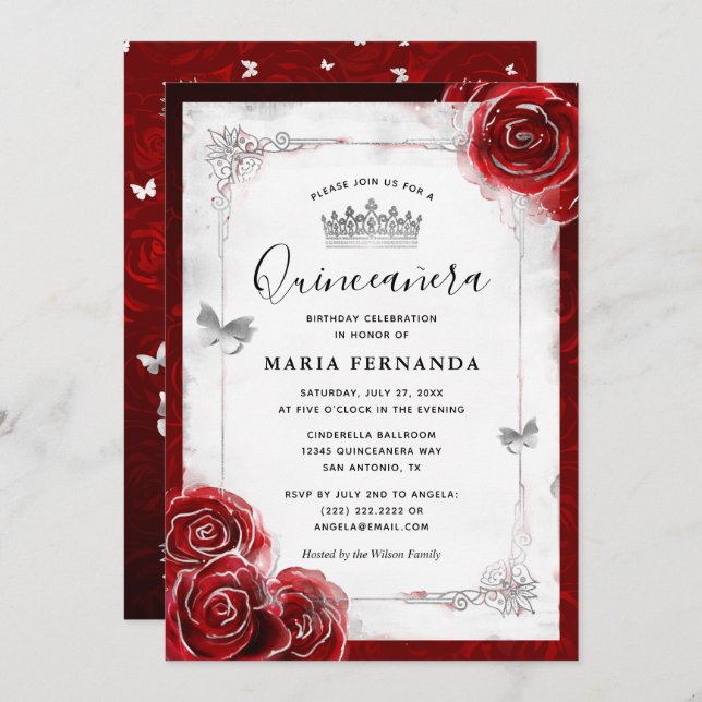Silver and Red Rose Elegant Quinceanera Invitation (Front/Back)
