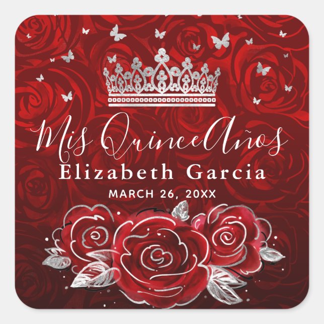 Silver and Red Rose Elegant Template Square Sticke Square Sticker (Front)