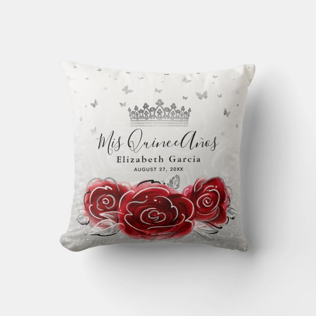 Silver and Red Rose Quinceanera Mis Quince Anos Cushion (Front)