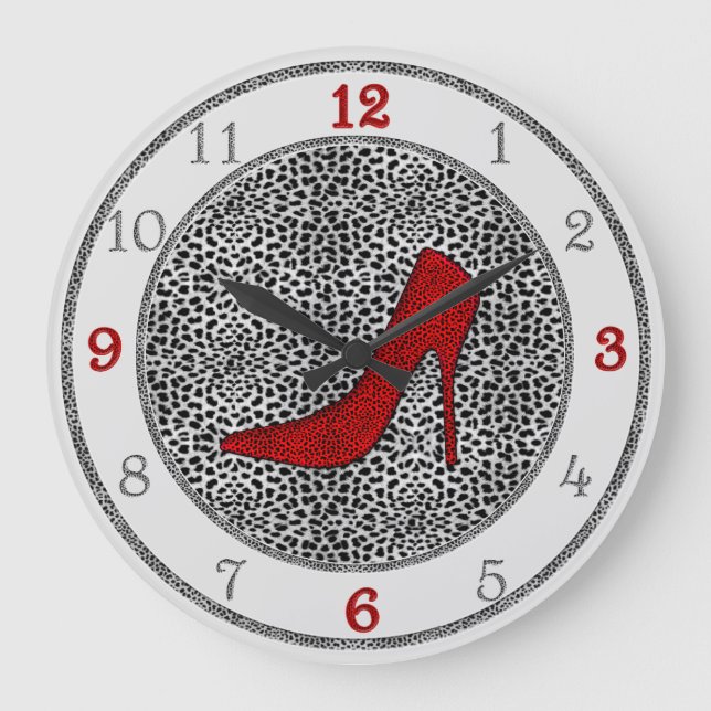 Silver and Red with Cheetah Animal Print Large Clock (Front)