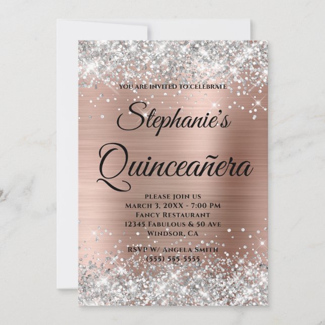 Silver and Rose Gold Fancy Monogram Quinceañera Invitation (Front)