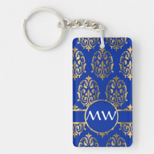 Silver and royal blue damask monogram key ring