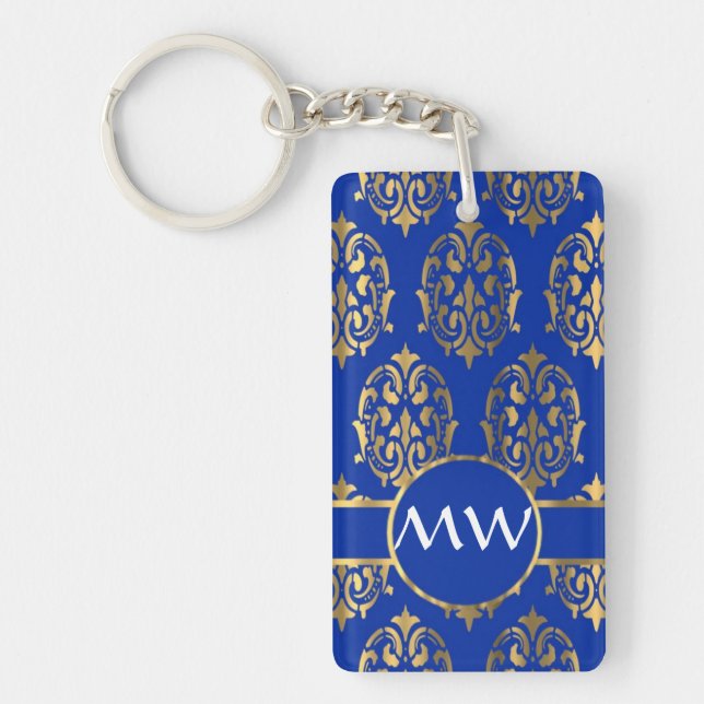 Silver and royal blue damask monogram key ring (Front)