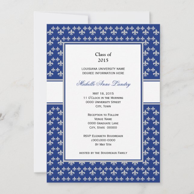Silver and Royal Blue Fleur de Lis Graduation Invitation (Front)