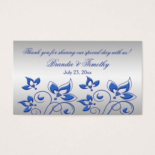 Silver and Royal Blue Floral Wedding Favour Tag (Front)