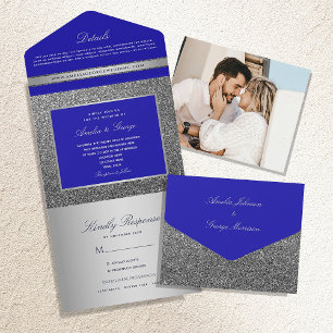 Silver and Royal Blue Luxury Wedding All In One Invitation