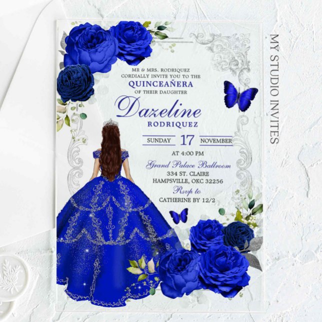 Silver and Royal Blue Princess Quinceañera Acrylic Invitations (Creator Uploaded)