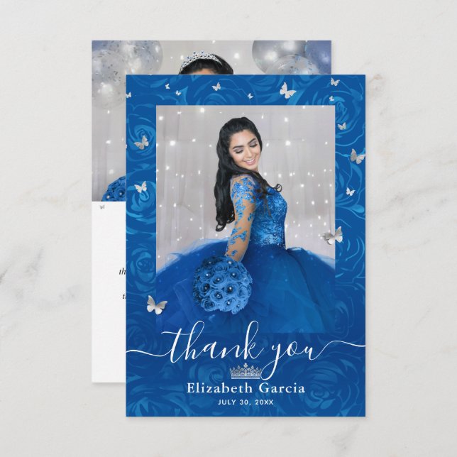 Silver and Royal Blue Quinceañera 2 Photo Birthday Thank You Card (Front/Back)