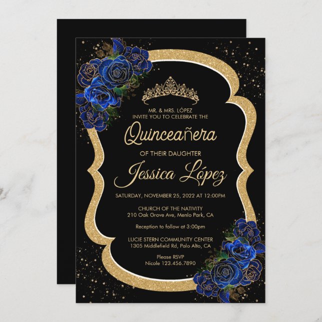 Silver and Royal Blue Roses Elegant Quinceanera Invitation (Front/Back)