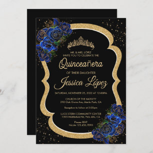 Silver and Royal Blue Roses Elegant Quinceanera Invitation