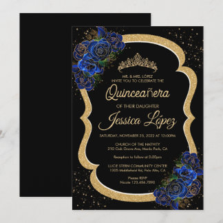 Silver and Royal Blue Roses Elegant Quinceanera Invitation