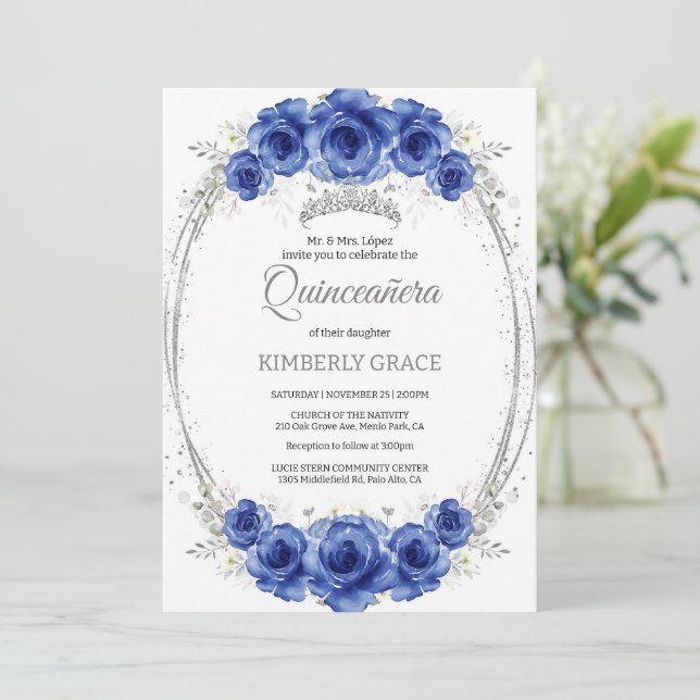 Silver and Royal Blue Roses Elegant Quinceanera  Invitation (Standing Front)