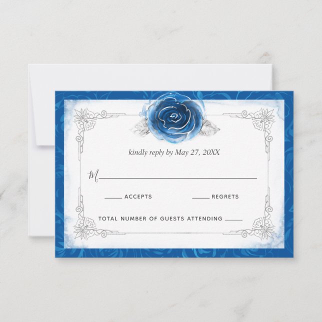 Silver and Royal Blue Roses Elegant RSVP Card (Front)