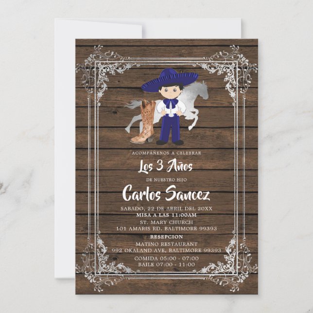 Silver and Royal Blue Wood Charro Third Birthday Invitation (Front)