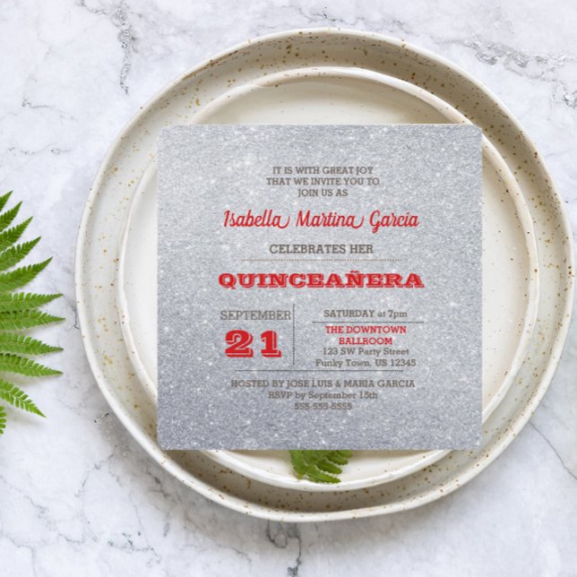 Silver and Ruby Red Sparkly Quinceañera Invitation (Creator Uploaded)